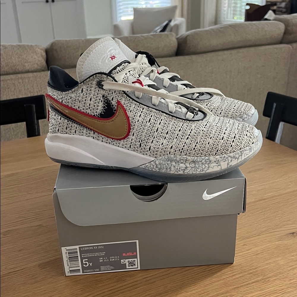 Nike LeBron XX (GS) Sneakers - White, Gold, and Red